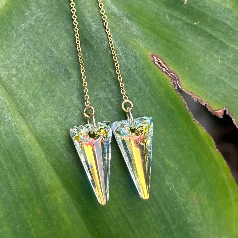 Swarovski Aurora Borealis Spike Crystal Handmade Gold Filled Threader Earrings